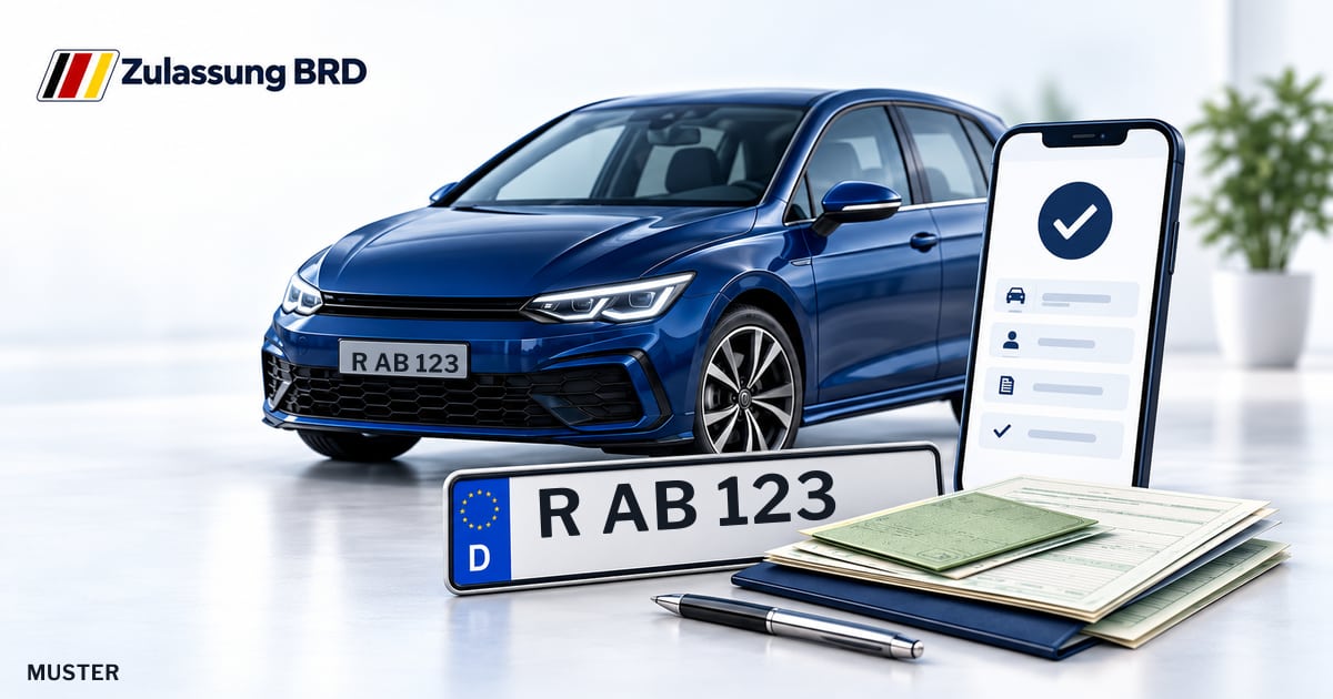 Online Fahrzeugzulassung in Neutraubling: Musterkennzeichen R AB 123, Auto und Fahrzeugpapiere und Smartphone. Illustration mit Logo von Zulassung BRD.